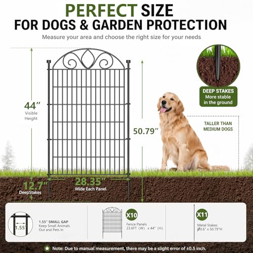 No Dig Garden Fence Outdoor for Yard, 10 Panels | 44in(H) x23.6ft(L) Rustproof Metal Animal Barrier, Temporary Dog Fence, Decorative Fencing for Flower Bed, Patio, and Pet - size: 44 in(H) X 23.6 ft(L)