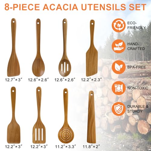 Acacia Wood Kitchen Utensil Set Wooden Spoons for Cooking Turner Spatula | 8 Pcs Best Bamboo Non Toxic Cooking Utensils Scraper Spurtle Kitchen Slotted Cooking Spoon Flat Egg Flipper Wok Spatula Set - color: 8Pcs-Utensils