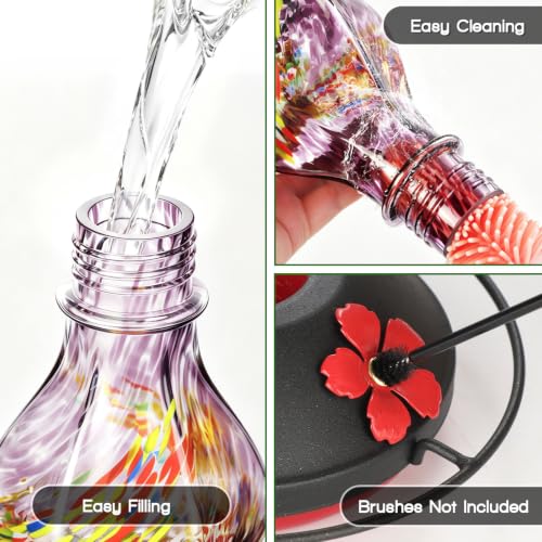 Hand Blown Glass Hummingbird Feeders for Outdoors Hanging, 24oz Wild Bird Nectar Feeder with Ant Moat and Perch, Bee-Resistant Ports, Garden Decor, Gifts for Women Mom, 1 Pack, Purple Phoenix - color: Purple Phoenix