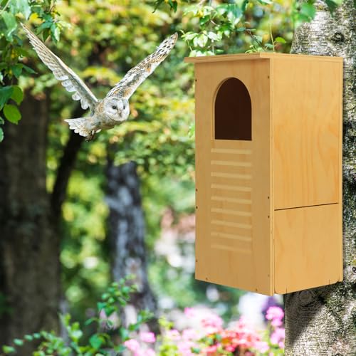 Cinnvoice Large Owl Houses for Outdoors 13" x 13" x 26", Treated Exterior Grade Plywood Owl Nesting Box with Arch Opening Large Bird House for Outside Backyard, Easy Assembly Required