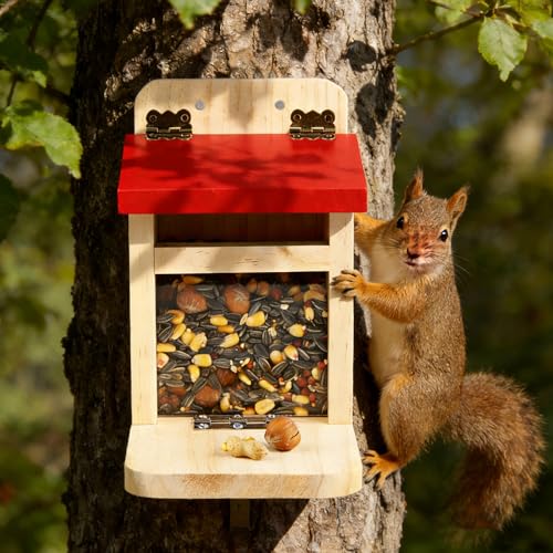 Squirrel Feeders for Outside Garden, Wooden Squirrel Feeder Box,Squirrel Feeding Stations with Green Cover, Easy to FillSquirrel Feeding House(Red-1pk) - color: Red