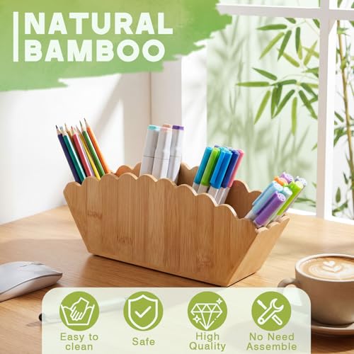 Jetec Scalloped Bamboo Wooden Pencil Holder, Wooden Desk Organizer with 4 Compartment for Pens, Markers, Makeup Brushes, Remote Controls, Silverware, Decorative Cute Desktop Organizer for Office Home - color: Natural