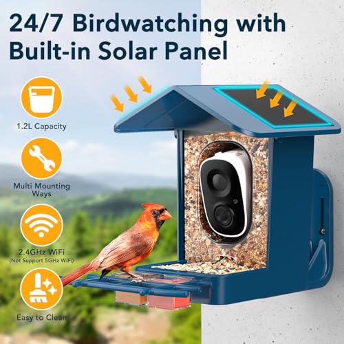 PeckCam® Bird Feeder with Camera Solar Powered 2K Live Video Auto Capture | AI Bird Species Identification, Instant App Alert, IP65 Waterproof, Easy Setup, Backyard Bird-Watching, Gift for Bird Lovers - color: Blue