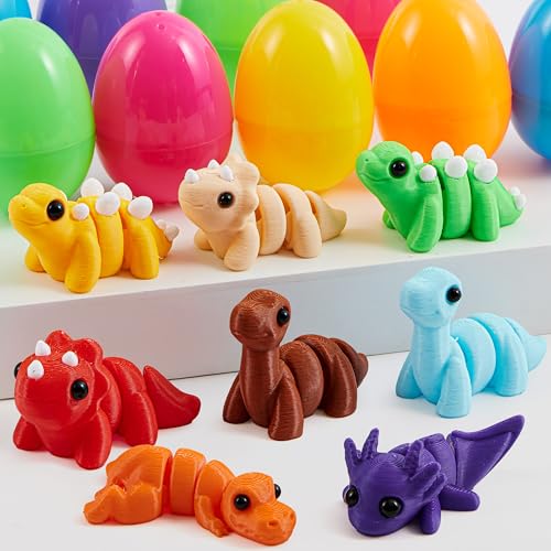 JOYIN 8 Pcs Prefilled Easter Eggs with 3D Printed Toys Mini Dinosaur, Articulated Toys, Basket Stuffers Fillers for Kids Party Favors, Stuffed Easter Egg, Classroom Prize Supplies(Age 8+)