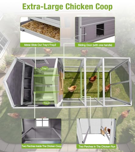 GUTINNEEN Extra Large Walk-in Chicken Coop with Run Waterproof UV Resistant Chicken House with Large Nesting Box 113.5" L Gray Outdoor Backyard Hen House - size: 113.5"L