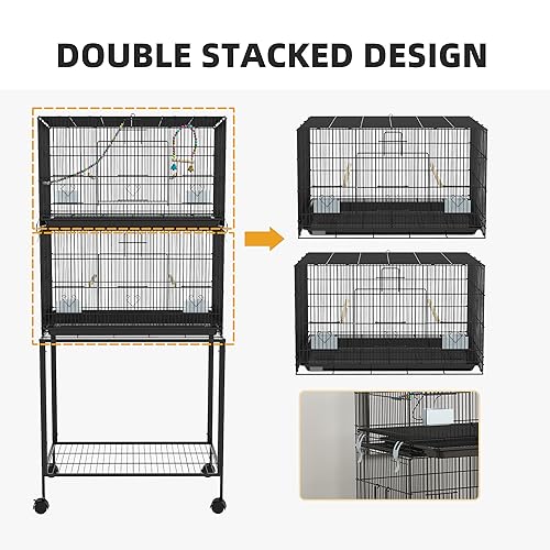 PawHut Double Stackable Bird Cage with Stand for Canaries, Lovebirds | Wooden Swing, Rope Ladder & Wheels, Budgie Cage, Storage Shelf, Removable Tray, Wooden Perches & Food Containers, Finches