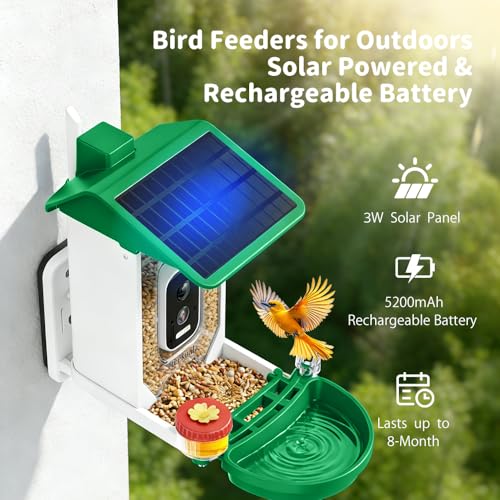 Bird Feeder with Camera, Upgraded Model, 4K UHD AI Bird Camera, Instant Arrival Alerts, Solar Powered, 5200mAh Rechargeable Battery, IP66 Waterproof Outdoor, Gift for Bird Lovers, Green - color: Green