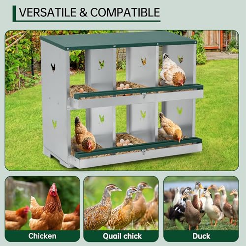 GarveeLife Chicken Nesting Box, 3 Compartments Nesting Box for Chickens, Two-Tier Galvanized Steel Chicken Egg Laying Box with Large Vented Holes Wall Mounting for Easy Egg Collection