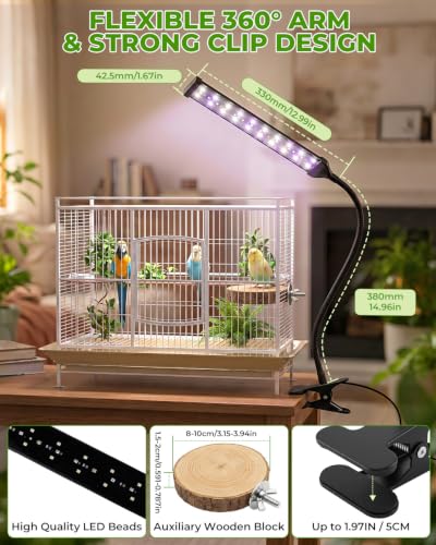 UVB Light for Birds, Full Spectrum LED Bird Cage Light for Parrot | UVB 2.4 Clip Lamp with 24H Cycle Timer for Captive Birds, a Round Platform Included, 3 Lighting Modes