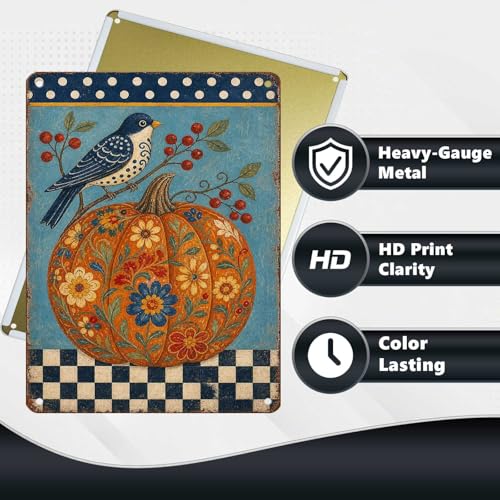 Folk Art Blue Bird Floral Pumpkin Tin Sign Vintage Fall Farmhouse Wall Decor for Kitchen Dining Room Living Room Porch Entryway and Home Decor 16 * 12In - color: Vintage Thanksgiving Tin Sign 17, size: 30X40cm(12*16in)