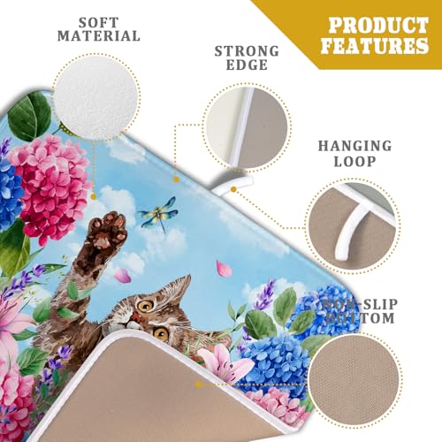 Hydrangea Floral Dish Drying Mat Cute Cat Microfiber Absorbent Dish Drying Pad for Kitchen Counter 16 X 18 - color: Colorful Hydrangea Cat, size: 18" x 16"