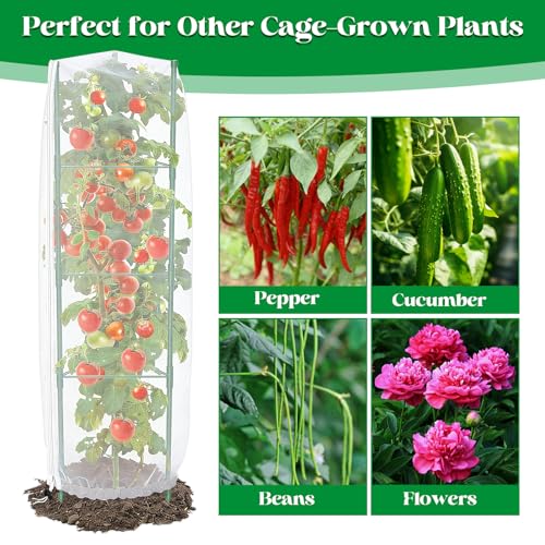 6 Pack Tomato Cage Netting Covers for Triangle Tomato Cages, 43" × 14.6" Fine Mesh Garden Netting with Easy-Access Zipper & Adjustable Drawstring, Durable Bird & Insect Barrier for Tomato Plants