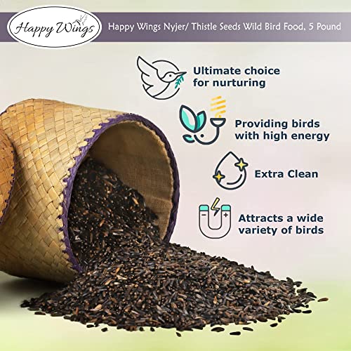 Happy Wings 5LB Thistle Seed (Nyjer) Bird Food & Empty Sock, Extra Clean | Oil Rich, High Fat & Energy Content, Single Grain, USDA & BRC-GS Approved, Finches, Sparrows, Chickadees, Cardinals, No Mess