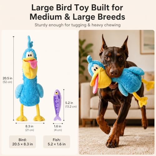 Squeaky Dog Plush Chew Toy Set, Interactive Tug Squeaky Toy for Chewers, Medium&Large Dogs&Fetch Play, 20.5 in Stuffed Bird with Bonus Fish Toy&Treat Storage Beak for Gentle Gum Care & Boredom Relief - color: Blue (Dada Bird)
