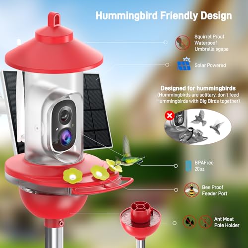 SOLIOM Hummingbird Feeder with Camera, Solar Powered 2K Smart Bird Feeder with AI Bird Identification, Auto Motion Detection, Ant Moat & Pole Mount, Ideal Gift for Hummingbird Lovers, 20 oz