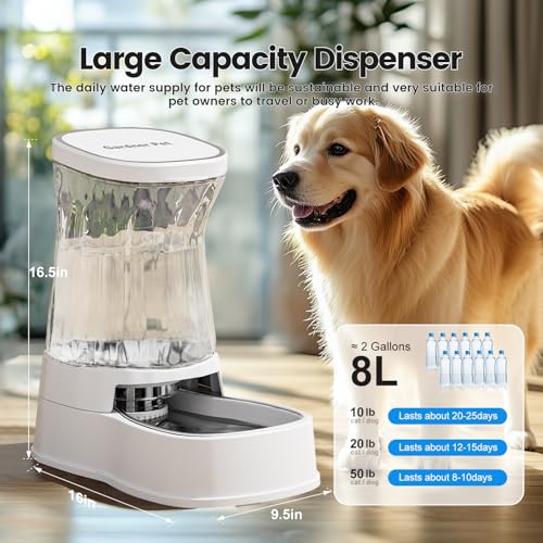 Gardner Pet Automatic Dog Water Dispenser Gravity Stainless Steel Water Waterer Feeder, Large Capacity Water Feeding Bowls for Medium & Large-Sized Dogs Cats Other Pets -(2.1 Gallon) - color: White, size: 2.1 Gallon