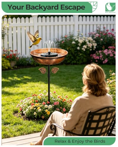 13" Metal Bird Bath with Solar Fountain, Battery & LED | 6.3" Fountain, 4 Fixed Rods, 5 Spray Patterns, 3" Deep Bowl, 1.4 Gallon Capacity, 5-Prong Stake for Flowing Water Feature