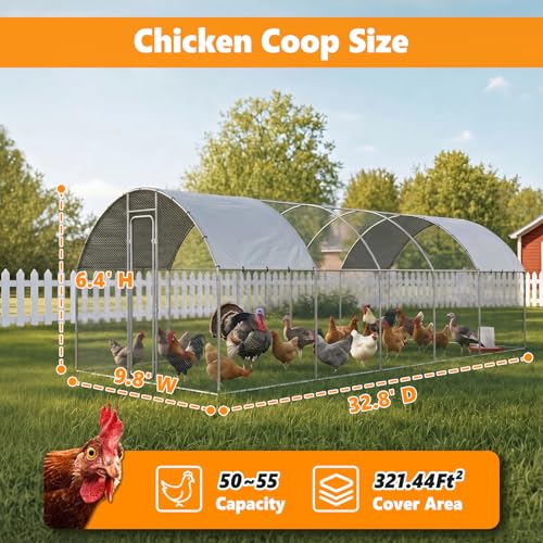 Metal Chicken Coop with Waterproof Curved Roof, 32.8×9.8×6.4ft | Thickened Steel Frame, Predator-Proof Wire, Weatherproof & UV Resistant Cover, Detailed Assembly Guide & Tool Kit - size: 393.6"L x 118.1"W x 76.8"H