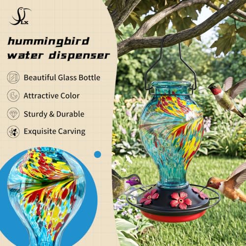Hummingbird Feeder Colorful Blown Glass Outdoor Hummingbird Feeder with Ant Moat and 5 Feeding Ports for Outdoors Hanging Garden Decor, Bird Lovers (Blue-2) - color: Blue-Phoenix-2
