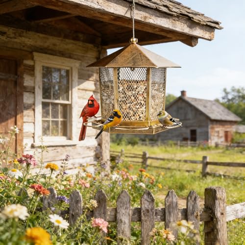 Hexagonal Gazebo Bird Feeders, Weatherproof Wild Bird Feeder for Outdoor | Unique Pavilion Style Metal Bird Feeder for Outside Hanging Garden Patio Backyard Lawn Decor