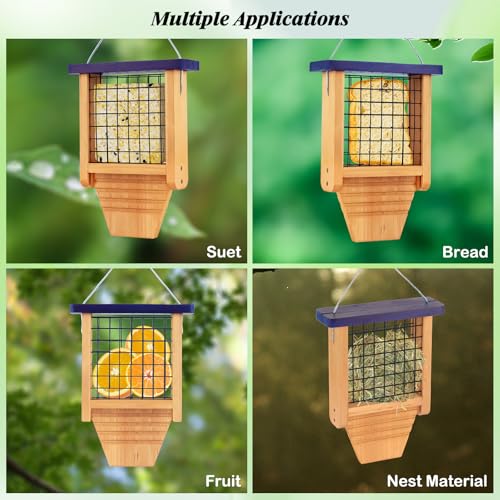 Gbekery Wooden Suet Bird Feeder for Outside Hanging, Woodpecker Suet Feeder with Tail Prop, Hanging Bird Feeder for Wild Birds, 1 Pack, Blue - color: Blue