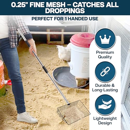Chicken Poop Scooper - Chicken coop accesories with Hook and Brush, Durable Metal Litter Scoop Heavy Duty and Rust Resistant for Poultry Farmers, Easy to Clean, Lightweight and Portable coop Scoop