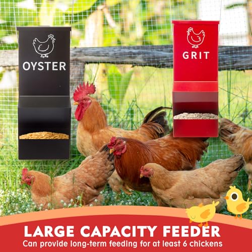 Leinuosen 2 Pack Metal Chicken Oyster Shell and Grit Feeder with Lid and Hook Hanging Mountable Chicken Feeder Trough Automatic Gravity Poultry Coop Accessories Water Dispenser for Chicks, Ducks, Hens