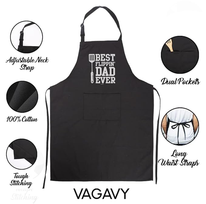 VAGAVY 100% Cotton, Black Funny Aprons for Men, Dad, Husband - Birthday, Father’s Day Grilling Gifts for Papa, Husband. - color: Best Flippin' Dad Ever