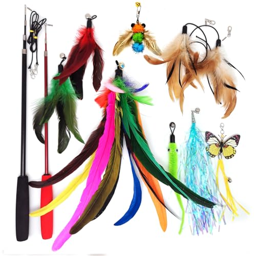 miwoowim 2PCS Retractable Cat Teaser Wands & 9PCS Feather Refills Toy Set | Dual-size telescopic rods (50" & 38"), da bird feather attachments with bells replacement,interactive fishing pole toys - color: 11 PCS Retractable Wand Toy