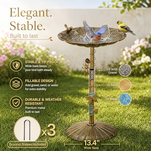 VECELO Antique Gold Metal Bird Bath for Outside, 28.7" Freestanding Pedestal Birdbath with Vintage Butterfly & Bird Decor, 15.4" Bowl Diameter, Easy Assembly Heavy-Duty Iron Garden Decoration