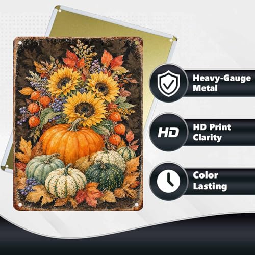 Watercolor Pumpkin Sunflower Autumn Leaves Tin Sign Rustic Fall Wall Art Decor for Living Room Kitchen Dining Room Porch and Entryway Wall Art Decor 16 * 12In - color: Vintage Thanksgiving Tin Sign 18, size: 30X40cm(12*16in)