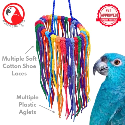 Bonka Bird Toys 51214 Small Aglet Heaven Cotton Shoelace Toy with Plastic Aglets and 2" Ring for Parakeets Cockatiels Quakers Pionus Small Bird Enrichment (Pack of 2) - size: Small (Pack of 2)