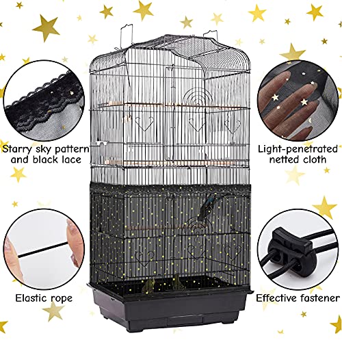 Shappy Large Bird Cage Cover Birdcage Nylon Mesh Net Cover Seed Feather Catcher Twinkle Star Universal Birdcage Cover Bird Seed Guard Skirt for Parakeet Macaw African Round Square Cage (Black, L)