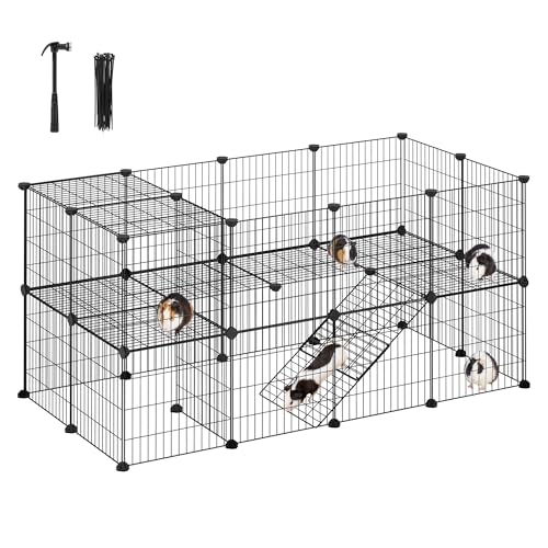 SONGMICS 36 Panels Pet Playpen, Small Animal Playpen, Rabbit Guinea Pig Cage, Zip Ties Included, Metal Wire Apartment-Style Two-Story Pet Premium Villa for Bunnies Puppies,Indoor Use, Black ULPI002B01 - color: Black, size: 48.4"L x 24.8"W x 24"H