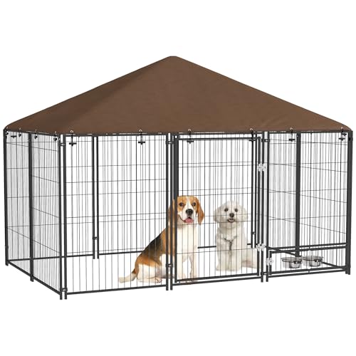 PawHut Outside Dog Kennel Puppy Play Pen w/Canopy 6.9' x 4.6' x 5' Black | Secure Lock, Heavy Duty Welded Wire Steel, Rotating Bowl, Outdoor Fence Crate Enclosure Cage for Dogs Chickens Ducks - size: 6.9' x 4.6' x 5'