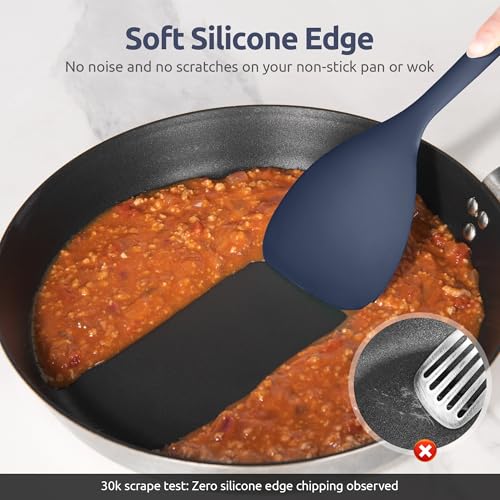 U-Taste 600ºF Heat Resistant 13.6in Long Solid & Slotted Silicone Turner and 600ºF Heat Resistant 13.76" Long, 3.63" Wide Wok Spatula for Kitchen Stir Fry (Midnight Blue)