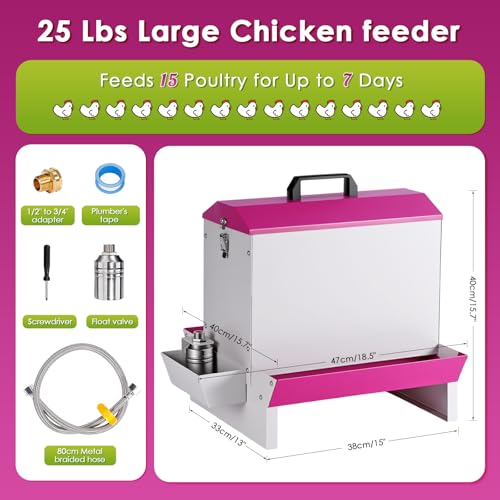 25Lb Metal Chicken Feeder and Waterer Set Automatic No Waste Galvanized Poultry Duck Feeder with Auto Water Dispenser for Outdoor Coop