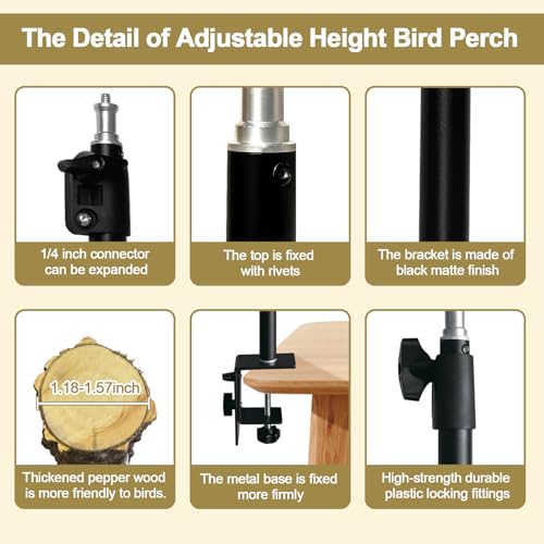 18-27 Inch Height Adjustable Bird Perch Pepper Wood Desktop Bird Training Perch Stand with Feeding Cups and Swing Toy Parakeet Perches Indoor and Outdoor Parrot Stand for Small to Medium Birds - size: Desktop Bird Perch with Feeding Cup