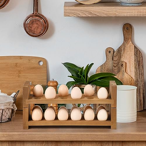 Sishynio Double Layer Egg Tray Holder Countertop, Wooden Fresh Egg Rack | Stackable Storage Basket; 2 Tier Egg Organizer for Farmhouse Kitchen, Refrigerator; Fresh Eggs, Dark Woodgrain, Pegs, Rustic - style: 2 tier pine egg tray