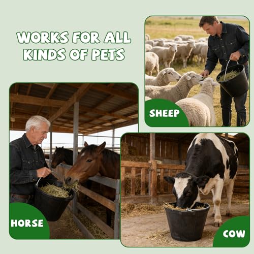 2 Pack Rubber Horse Feed Buckets, 10 Qt Water Troughs with Handles | 11.4 x 8.6 in,Horse Water Bucket, Feed or Water Use, Thick Rubber, Carry Handles, Stackable Design, For Horses & Goats