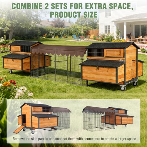 GUTINNEEN Large Chicken Coop with Run, Mobile Chicken Tractor for 6-8 Chickens, Upgraded Metal Frame Hen House with Wheels, 6 Nesting Boxes, Metal Pull-Out Tray, Asphalt Roof - size: 76.65"L x 53.81"W x 36.81"H