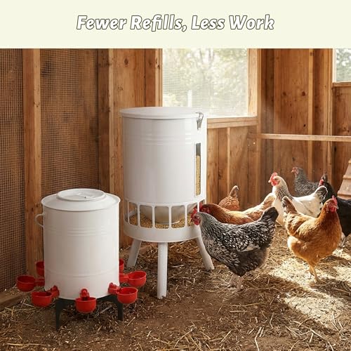 KOL 50LB Chicken Feeder & 3 Gallon Chicken Waterer Set, All-Metal 16 Port Feeder + 8 Cup Auto Waterer, No Waste, Weatherproof Poultry Feeding System Chicken Coop Accessories