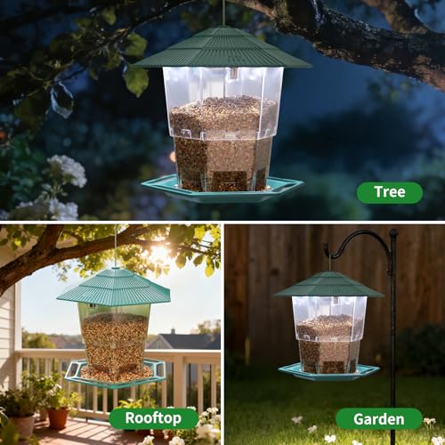 Solar Bird Feeder for Outdoors Hanging,Hanging Wild Bird Feeders with S Hook for Blue Bird, Cardinals, Finches,Wild Birds Seed Feeder, As Gift for Bird Lovers（Green） - color: Green Solar Bird Feeder