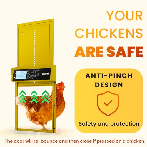 Okkobi Automatic Chicken Coop Door Solar Powered - LCD Display - Chicken Coop Door with Remote Control, Light Sensor & Timer - Security & Peace of Mind: Anti-Pinch Function - 5-Year Protection - color: Yellow
