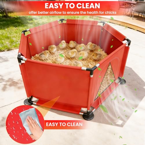 Brooder Box for Chicks, 8-in-1 Chick Heat Plate Starter Kit, Baby Chicken Brooder Pen with Feeder, Waterer, Perch & Bedding, Indoor Poultry Setup (Red)