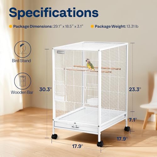 VIVOHOME Wrought Iron Bird Cage with Rolling Stand, 30 Inch Height | Standing Bird Flight Cage with Casters, Slide-out Tray for Parakeets Cockatiels Lovebirds Canaries Finches Conures, Whtie - color: White