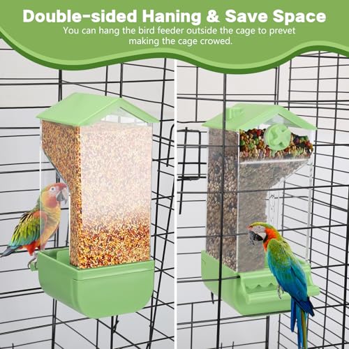 Yummy Sam Automatic Bird Feeder with Perch for Cage, No Mess Acrylic Transparent Bird Cage Feeder, Parrot Seed Feeders Food Container Cage Accessories for Small Medium Birds Parrot Cockatoo Canary - color: Green Clear