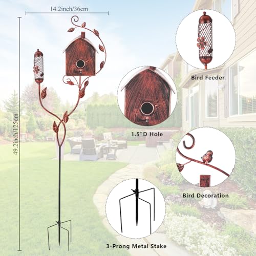 49" Bird Houses for Outside with Pole, Outdoor Metal Birdhouse with Mesh Feeder for Patio, Yard, Garden(Antique Bronze) - style: Cottage(Antique Bronze)