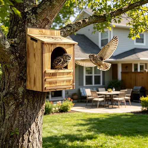 Owl House for Outdoors - 9.1x7.5x14.6 Inch Wooden Owl Nesting Box, Bird Houses for Outside with Secure Entrance & Ventilation, Easy to Install on Trees