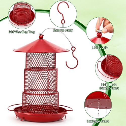 SiliFine 2 Pack Red Metal Bird Feeder for Outdoor Hanging 4 Lbs Large Capacity Squirrel Proof Wild Bird Feeder Heavy Duty Metal for Finch Cardinal Blue Jay Outside Garden Yard Decor